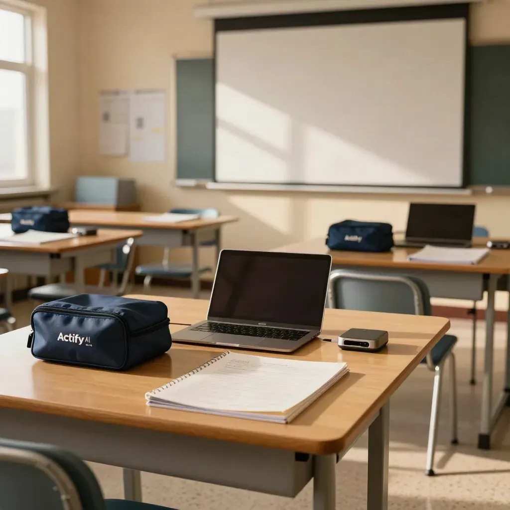 Pusta klasa z trzema zestawami kursów AI i światłem projektora na ścianie.