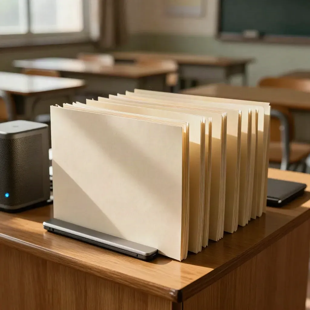 Puste zaplecze szkoleniowe z laptopem, głośnikiem i rzędem teczek na krzesłach.