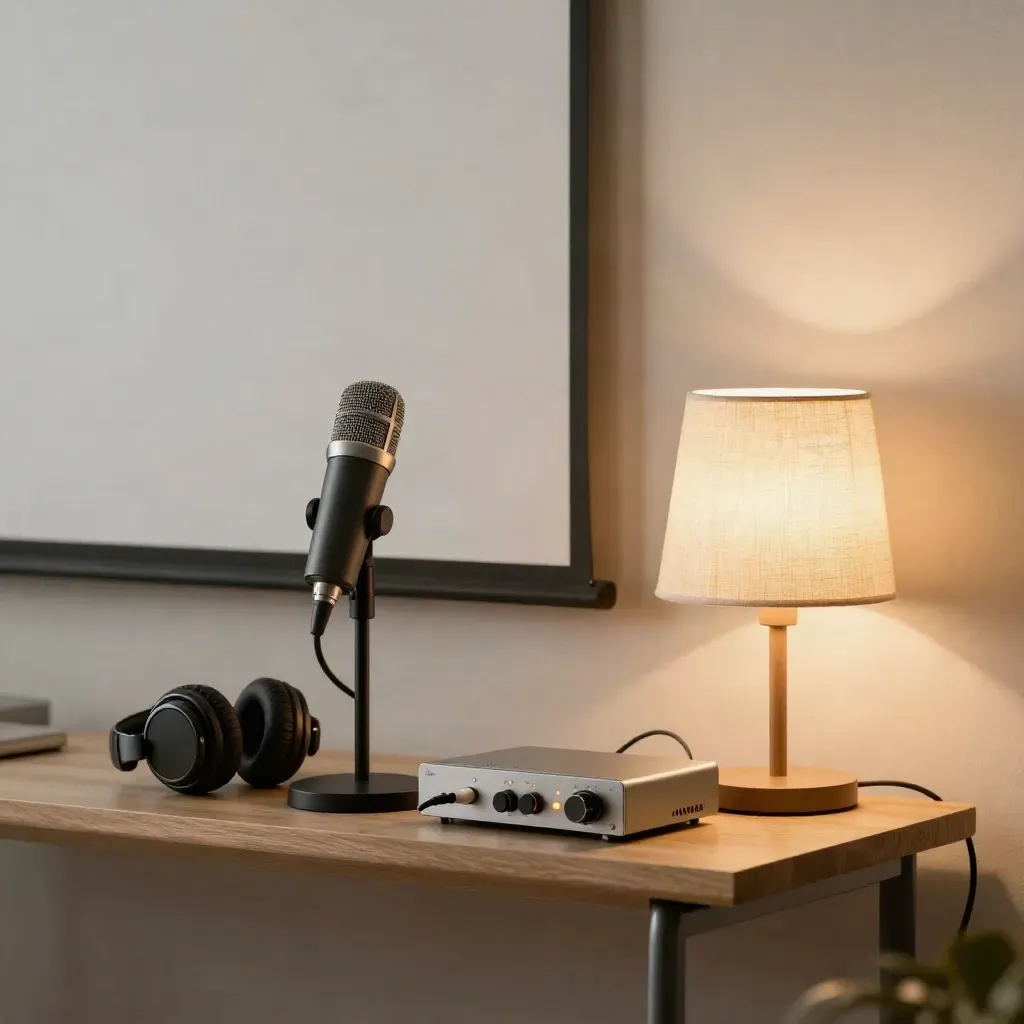 Webinarowy kącik z mikrofonem, słuchawkami, lampą i interfejsem audio przy jasnej ścianie.