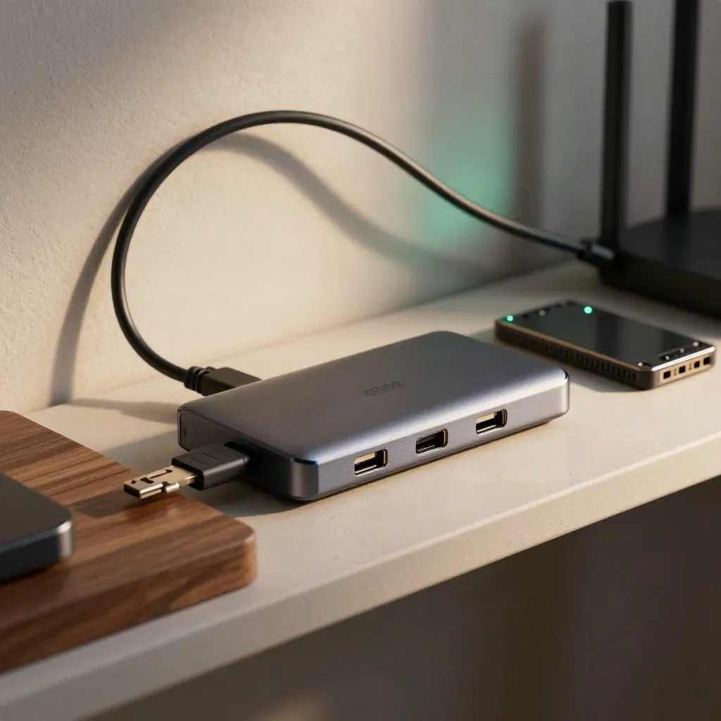 Zestaw sprzętu do wdrożeń AI na gipsowej półce, z przewodem, hubem USB-C i routerem.