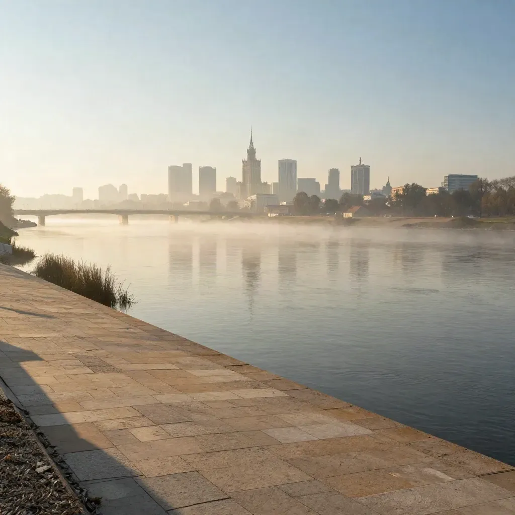 Warszawska panorama nad Wisłą o świcie we mgle, z pustą jasną przestrzenią na copy.