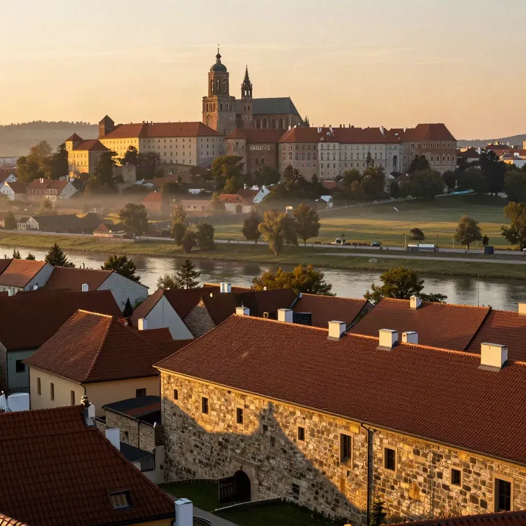 Złote Kraków nad mglistą równiną Małopolski o zachodzie słońca.
